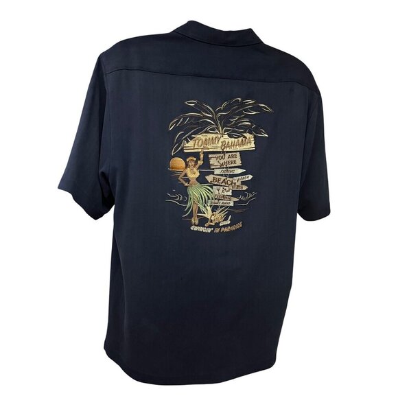 Tommy Bahama Vintage Black Hawaiian Aloha Tiki Silk Embroidered Button Up Medium